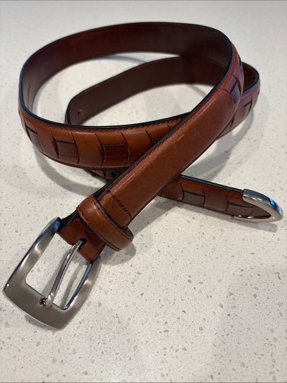 Men’s Brown Leather Belt.  Matt Silver Buckle and Belt Tip.